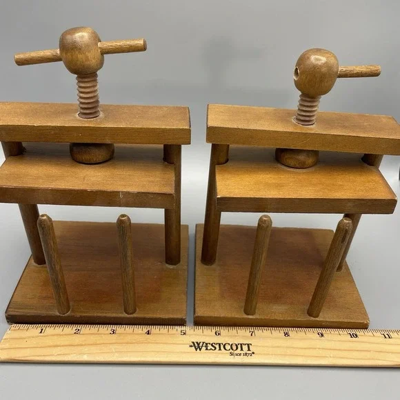 VTG (2) 70's Wine Press Wood And Cork Coaster Set Cork Screw Vice MCM Table Top - Picture 7 of 9